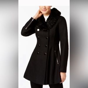 Women’s GUESS Black Faux-Fur-Collar Double Breasted Skirted Coat